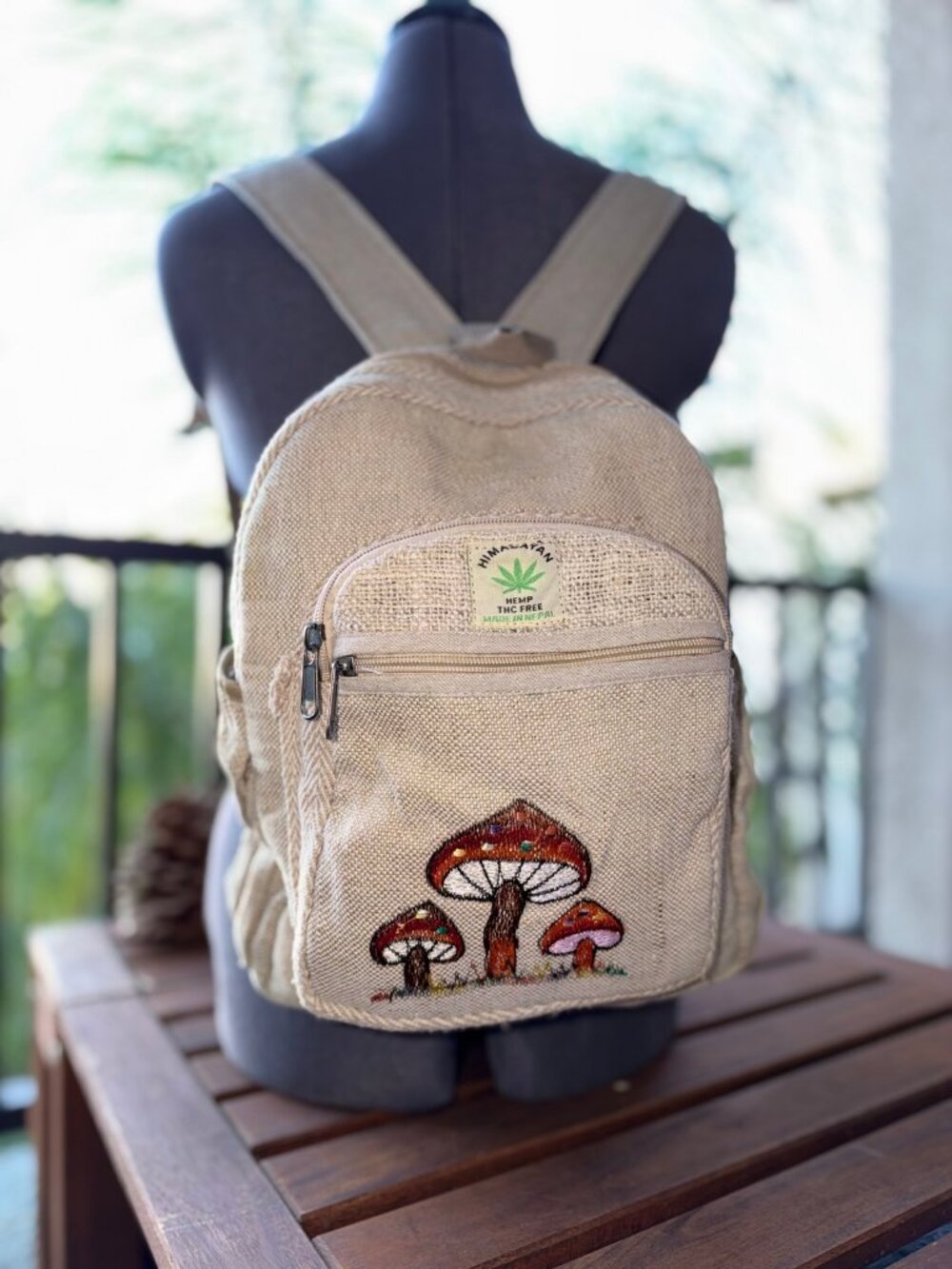 Himalayan Hemp Mushroom Embroidered Backpack Mini Beige Made in Nepal